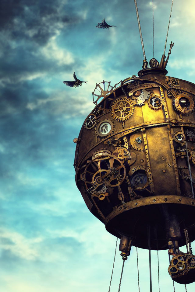 Steampunk-style airship with gears and mechanical details floating under cloud-streaked sky.