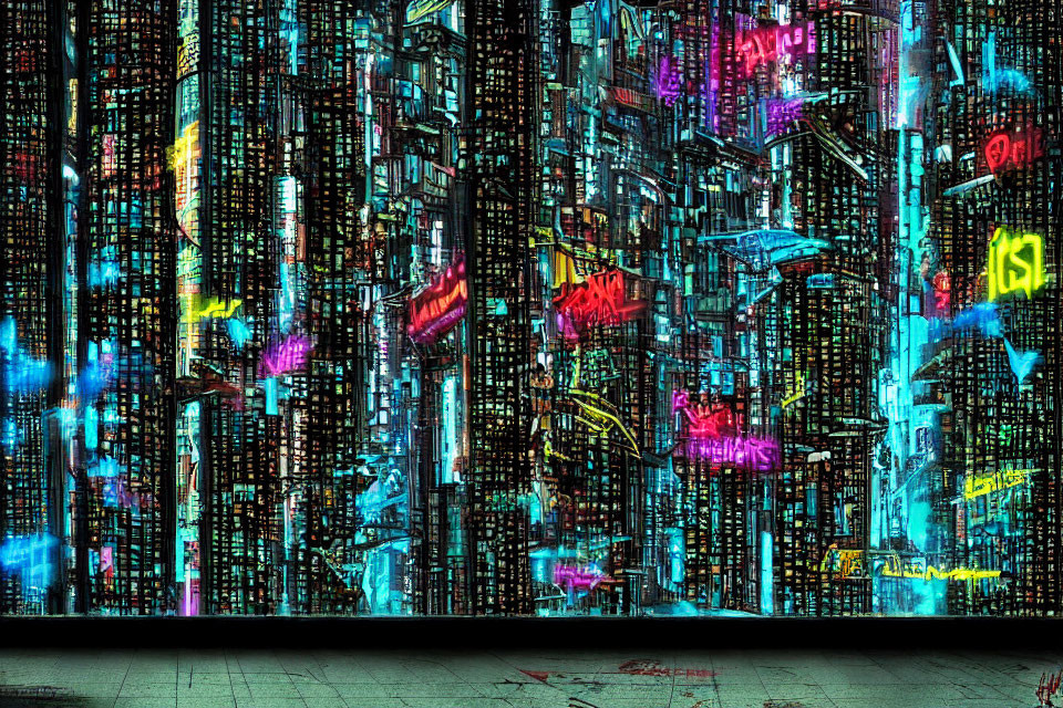 Densely packed cyberpunk cityscape at night with neon signs