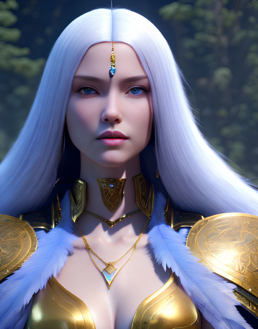 Digital artwork: Woman with white hair, blue eyes, jewel headpiece, and golden armor