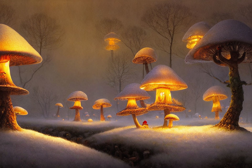 Enchanted Snow-Covered Forest with Giant Glowing Mushrooms