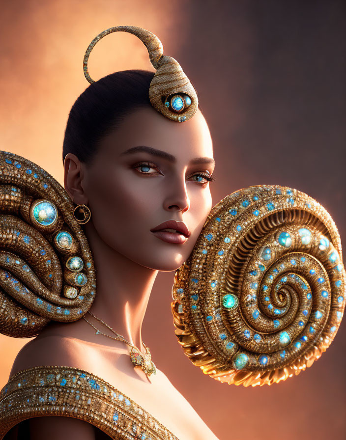 Stylized portrait of a woman with ornate gold and gem-encrusted spiral accessories