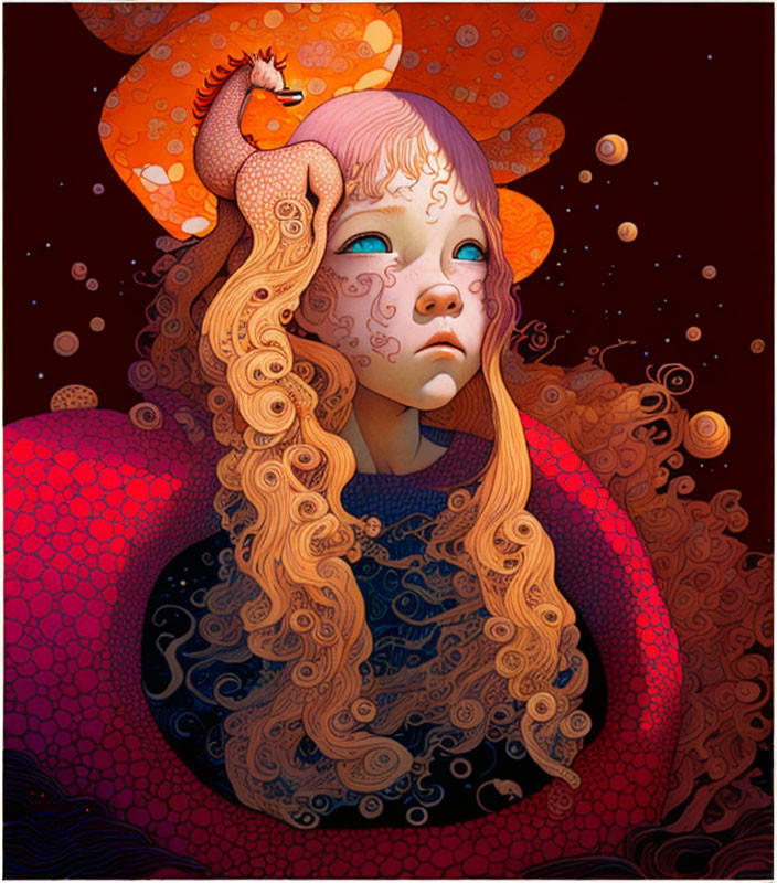 Surreal illustration of girl with flowing hair and red coil, orange creature on head, against star