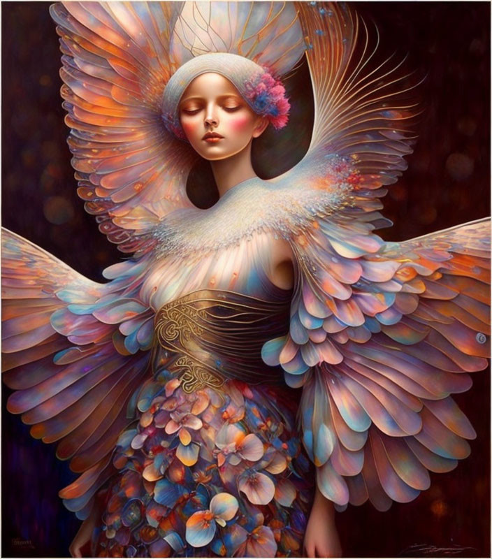 Colorful feathered wings and ornate headdress on ethereal female figure