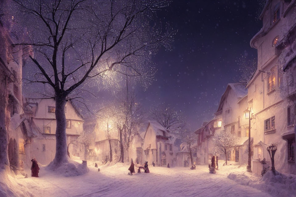 Snow-covered town scene: people walking, children sledding, warm lights glowing.