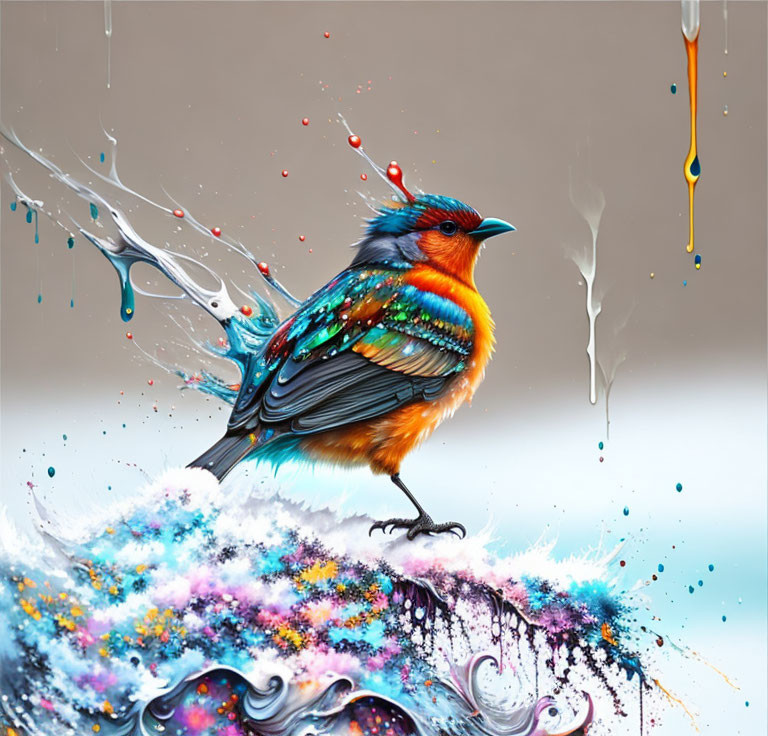 Colorful Bird Perched on Abstract Swirls and Splatters