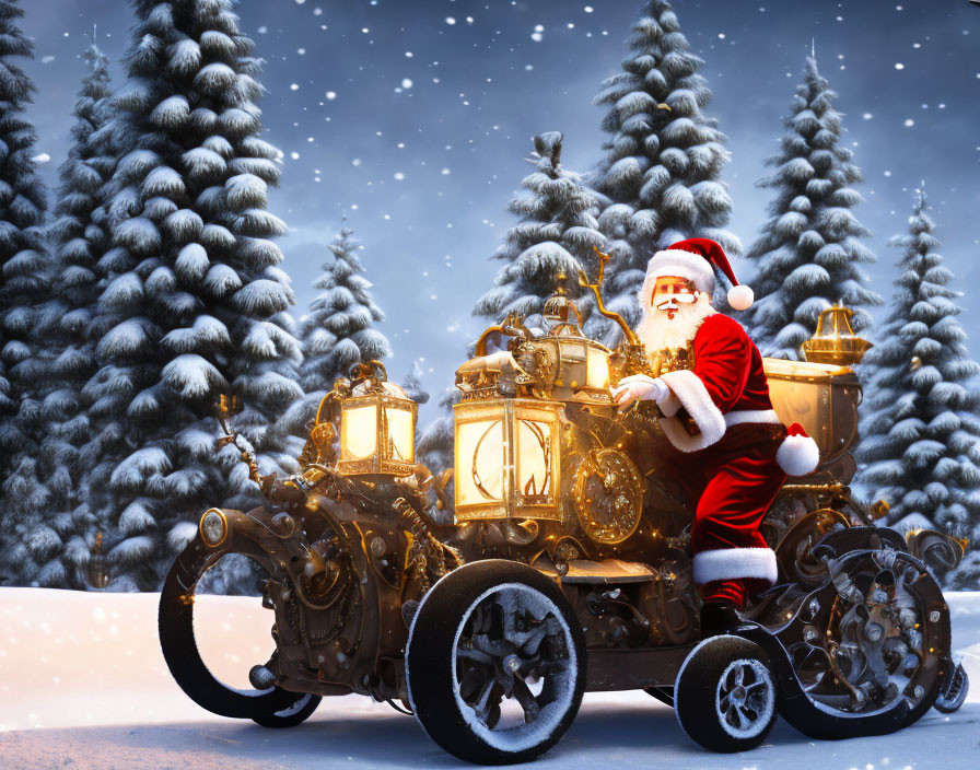 Steampunk Santa Claus on Lantern-lit Sleigh in Snowy Pine Forest