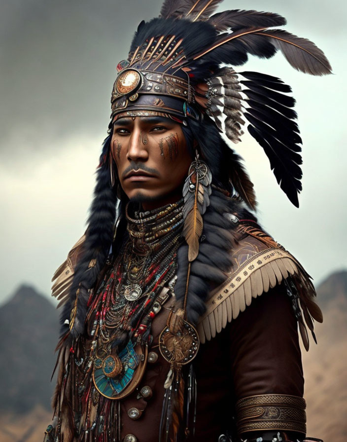 Detailed portrait of person in feathered headdress and traditional regalia against mountainous backdrop