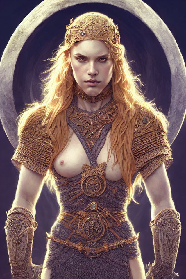 Blonde female figure in golden armor and crown under full moon