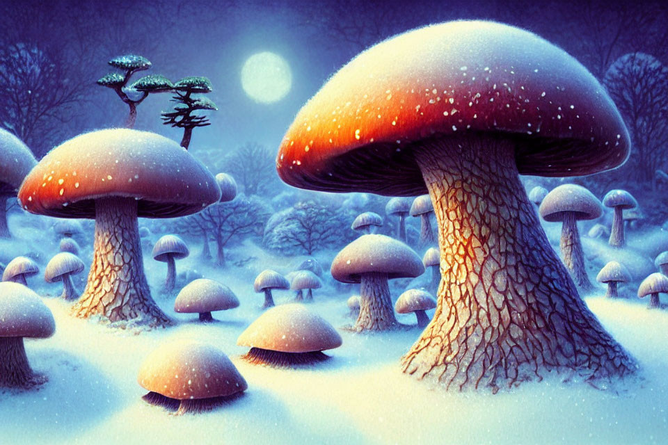 Whimsical oversized mushrooms in snowy moonlit landscape