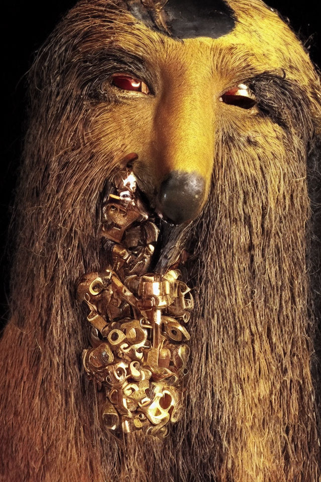 Detailed Golden Lion Mask with Red Eyes Holding Saxophone-like Instrument