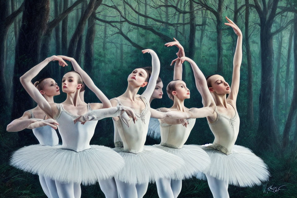 Five ballet dancers in white tutus pose gracefully in forest setting