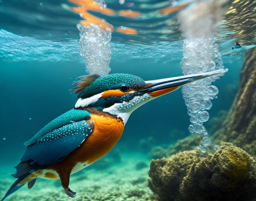 Colorful kingfisher diving underwater with bubbles, marine life in blue aquatic setting