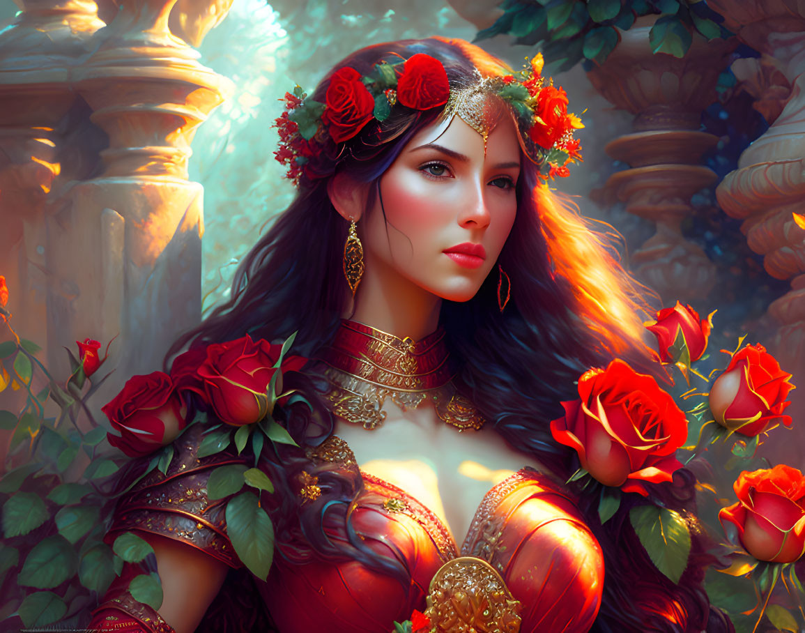 Fantasy art: Woman in floral headpiece and red dress with roses.