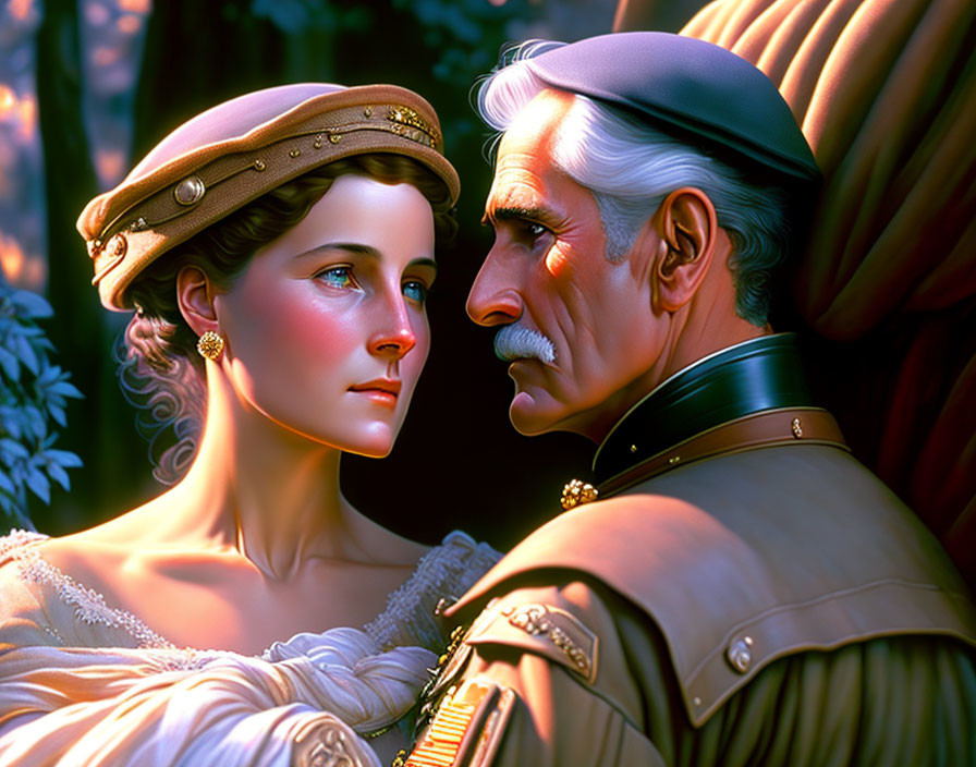 Digital artwork: Young woman and older military officer in emotional moment in forest light