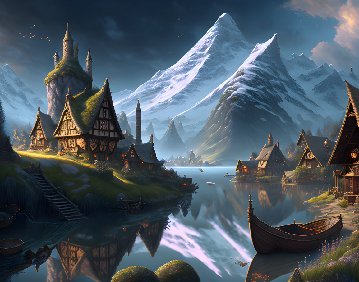 Serene fantasy village by calm river, snow-capped mountains at dusk