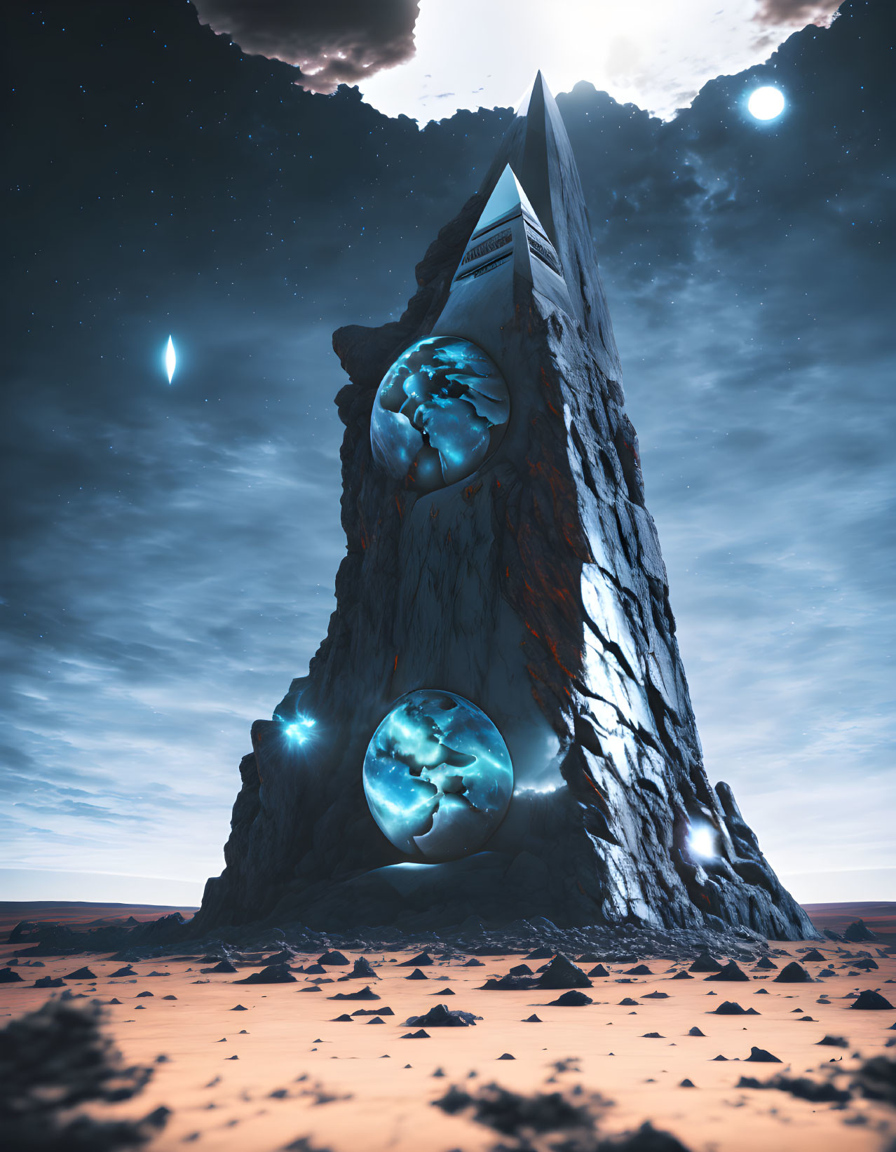 Surreal landscape featuring towering monolith and celestial elements