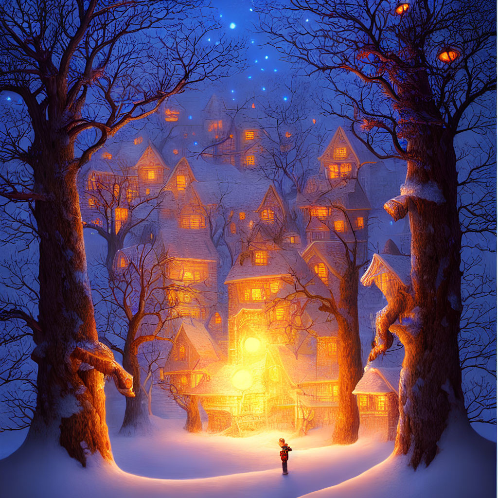 Illustration of lit-up house in snowy night landscape with figure