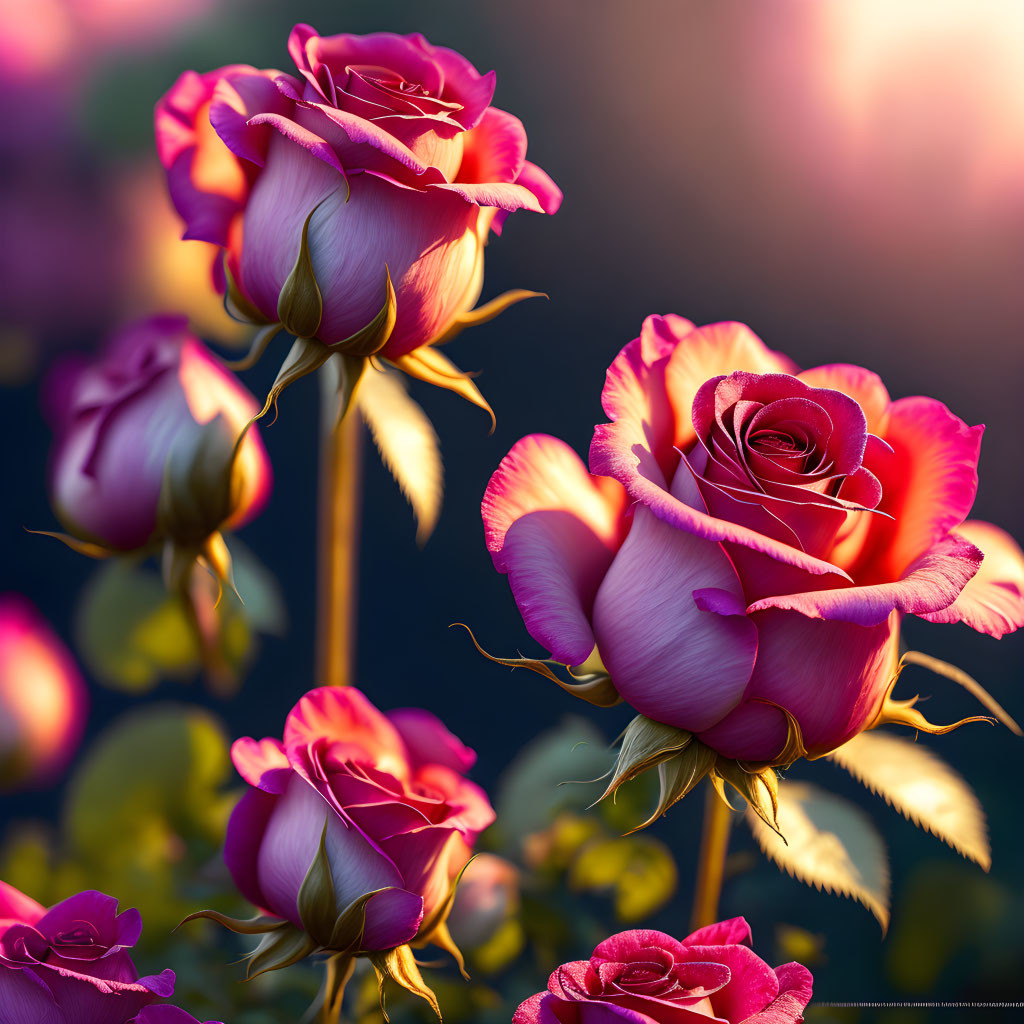 Pink and Yellow Roses in Sunlight on Blurred Background