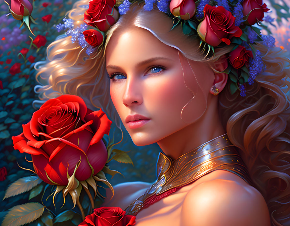 Woman with Floral Crown and Red Rose in Colorful Flower Surroundings