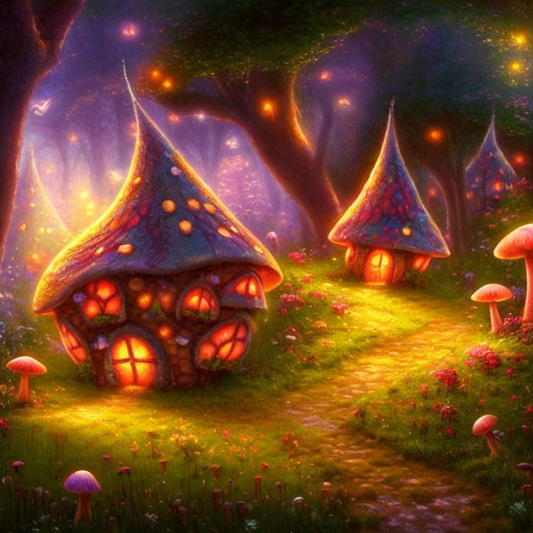 Forest scene with whimsical mushroom houses and glowing lights