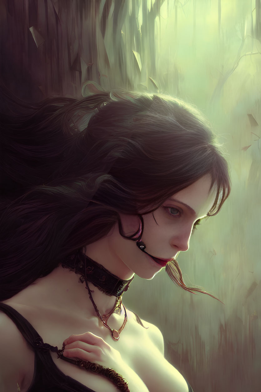 Digital artwork of woman with dark hair in mystical forest setting