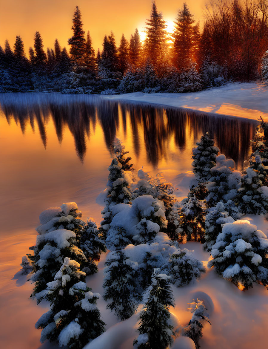 Snow-covered evergreen trees in tranquil winter sunset scene by still lake