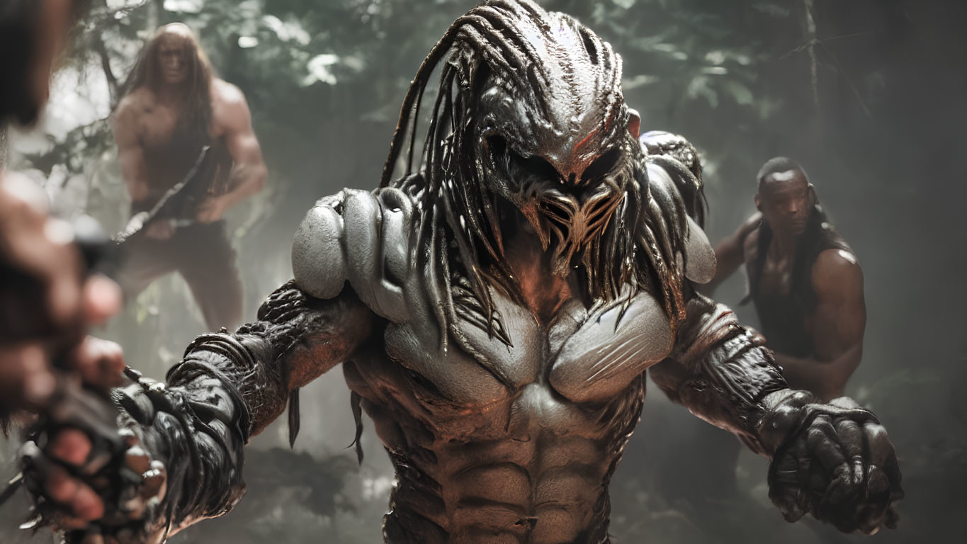 Menacing Predator in Misty Jungle with Muscle-Bound Warriors