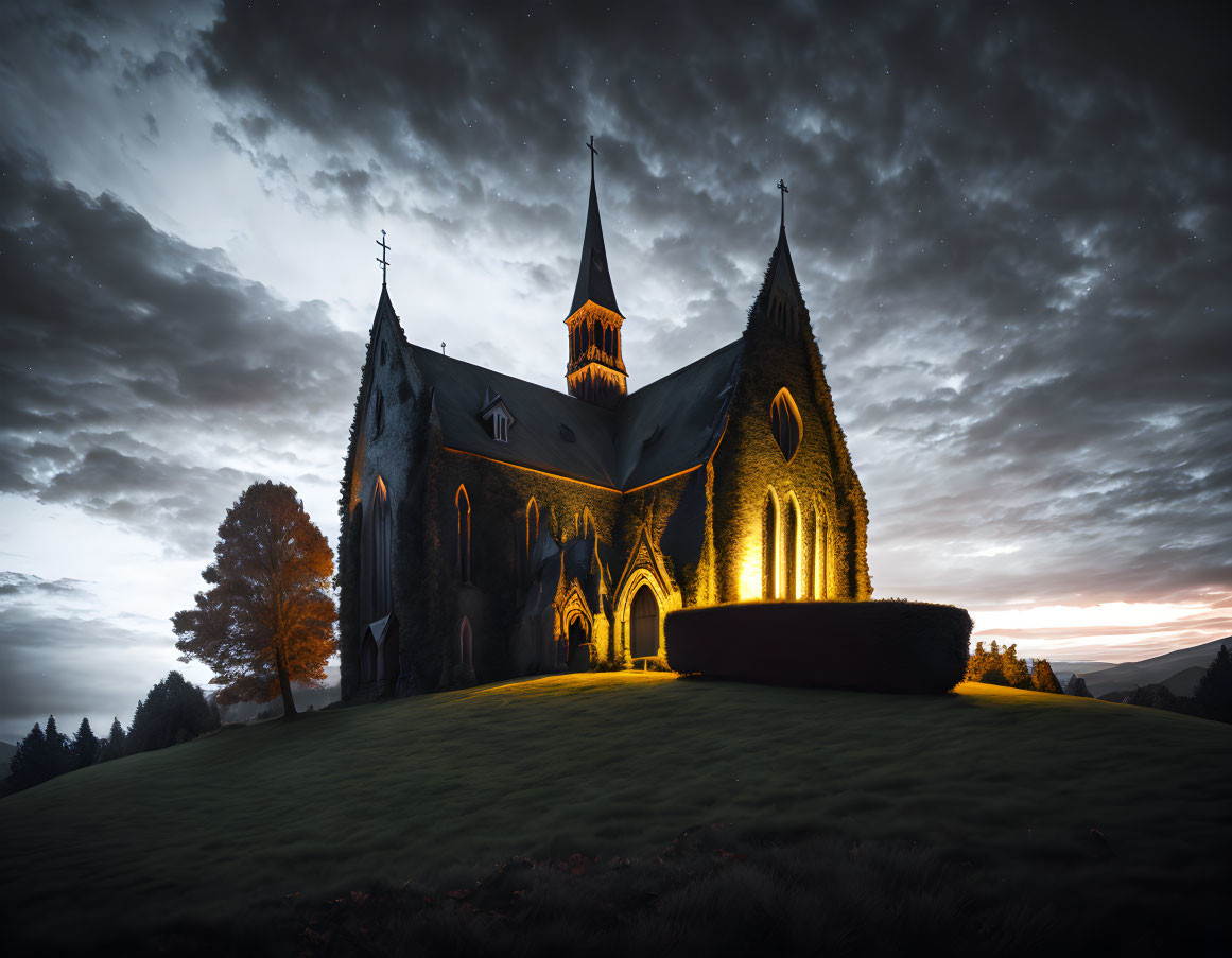 Gothic Church Twilight Scene with Illuminated Windows