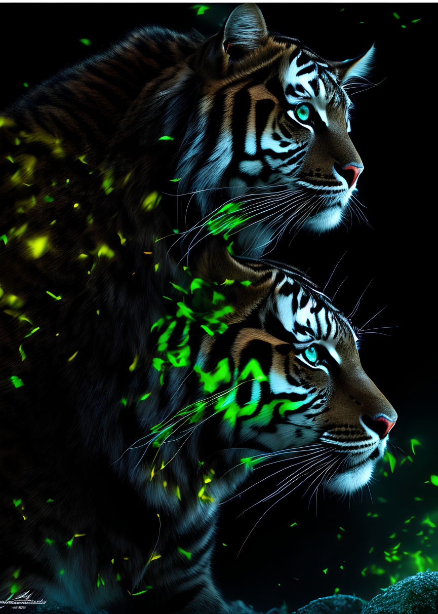 Glowing green patterned tigers on black background with floating speckles