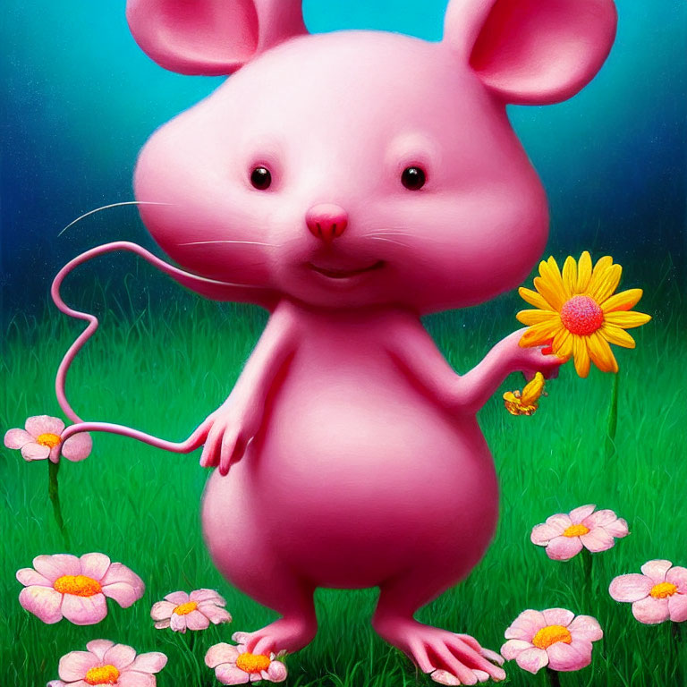 Cheerful Pink Cartoon Mouse with Yellow Daisy in Field