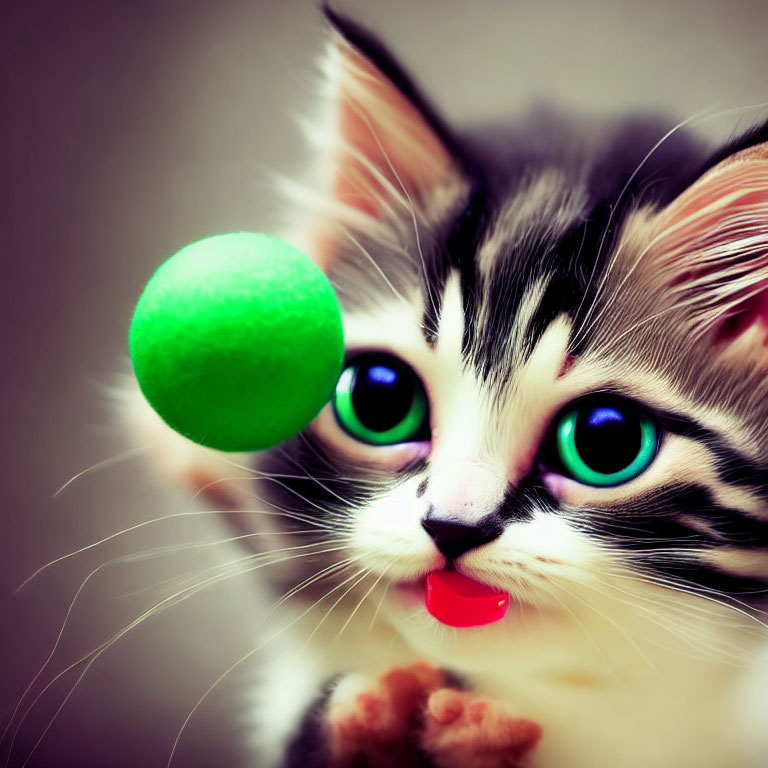 Adorable kitten with blue eyes and fluffy fur playing with green ball