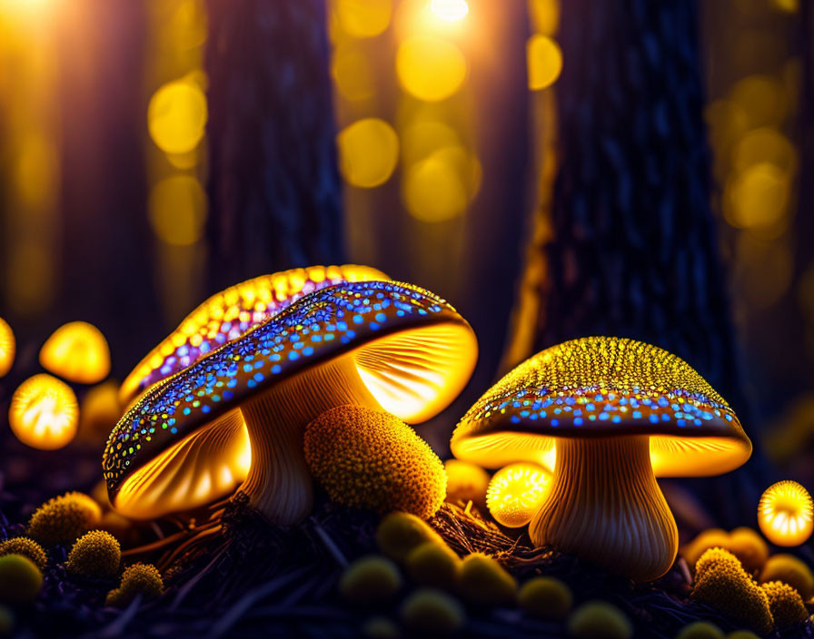 Vibrant illuminated mushrooms in mystical forest setting