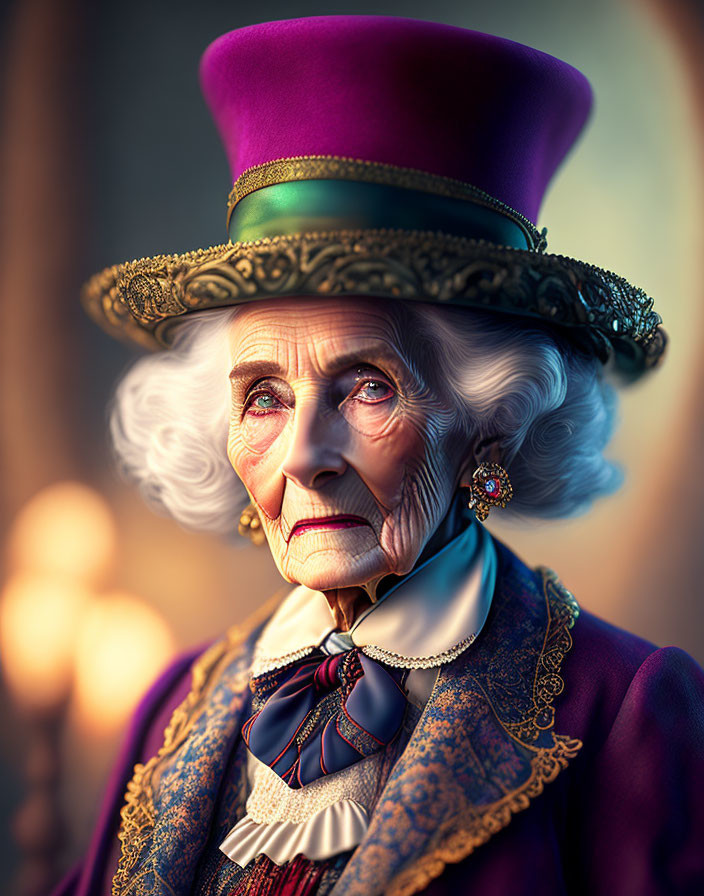 Elderly woman in purple jacket, top hat, bow tie, vintage jewelry