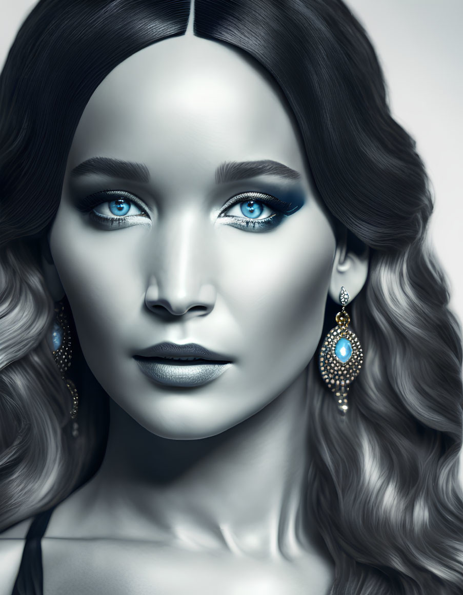 Monochromatic image: Woman with blue eyes, wavy hair, teardrop earrings