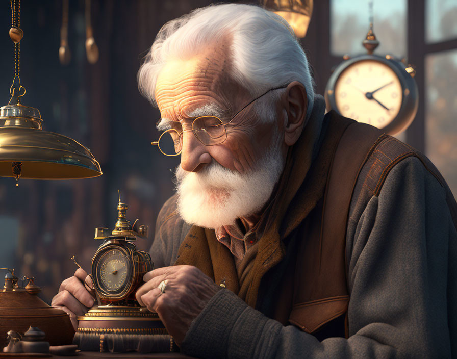 Elderly animated character with white hair and beard examines golden device among vintage clocks