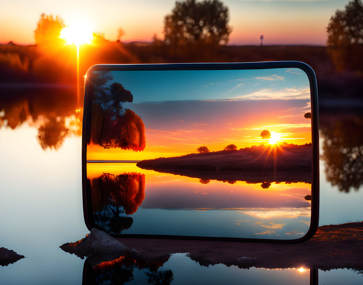 Tranquil sunset reflection on calm lake with vibrant orange and blue hues