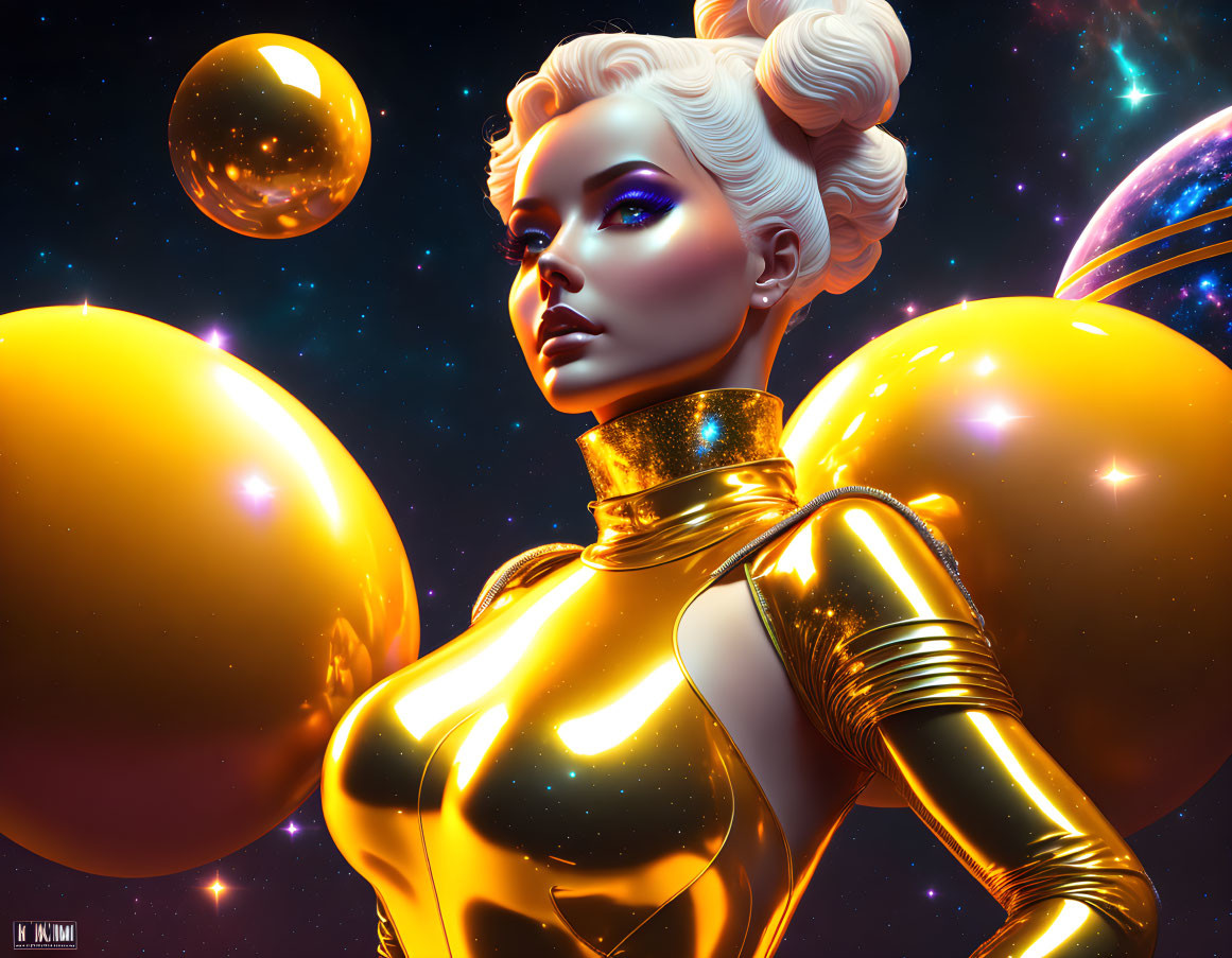 Futuristic illustration of platinum-haired woman in gold spacesuit surrounded by orbs and celestial bodies