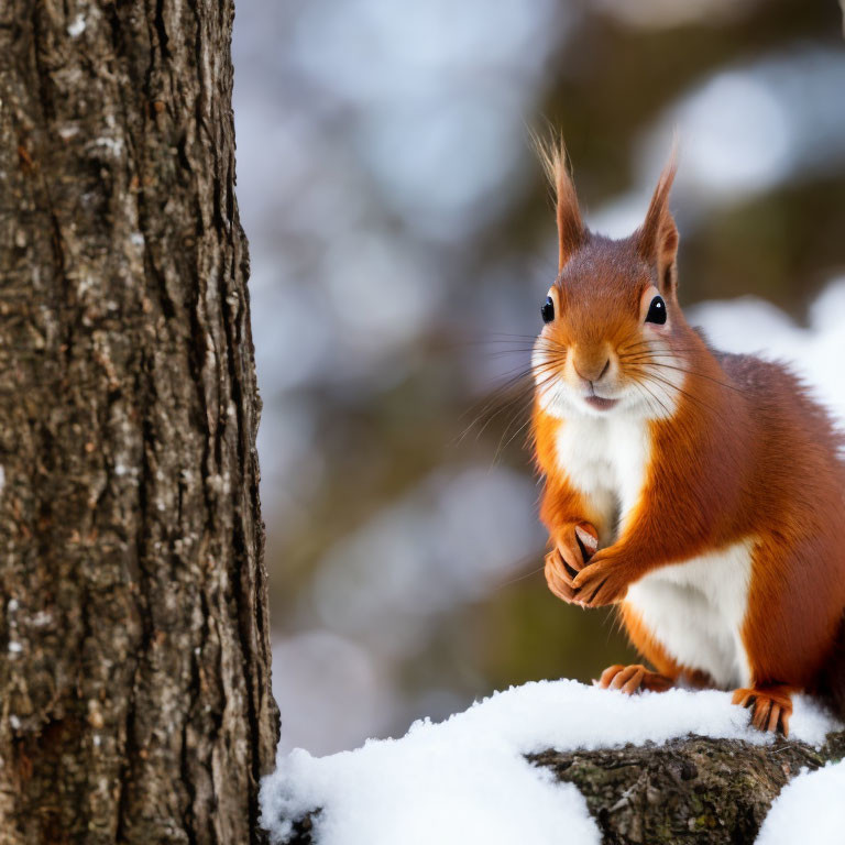 Red squirrel on snow-covered branch in winter scene