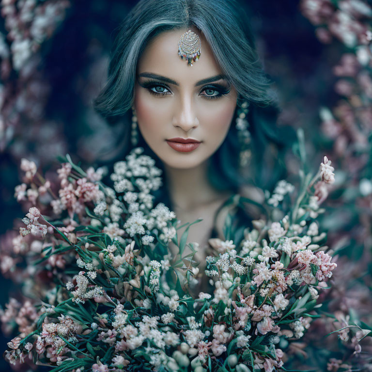 Woman with Striking Makeup and Decorative Headpiece Surrounded by Pink Flowers