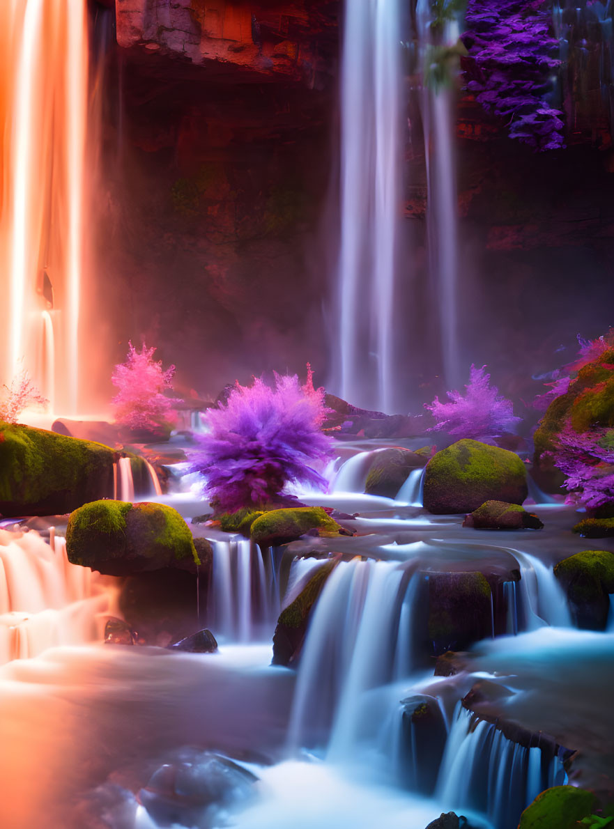 Vibrant orange light cascades over surreal waterfall in mystical landscape