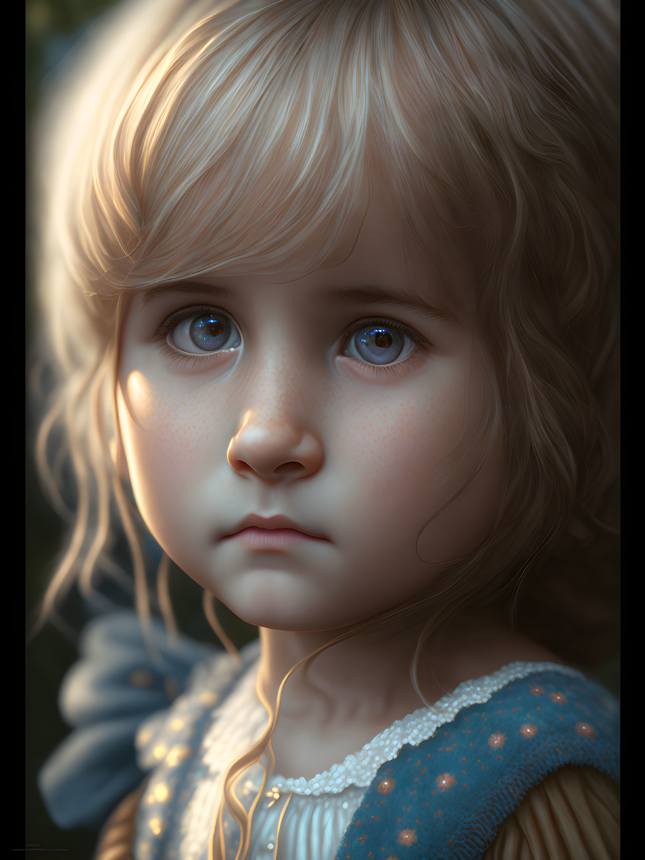 Portrait of young girl with piercing blue eyes and blonde hair in contemplative pose.