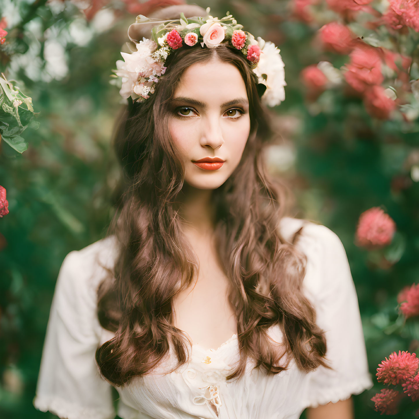 Woman with Floral Crown and Vintage Dress Surrounded by Blossoming Flowers