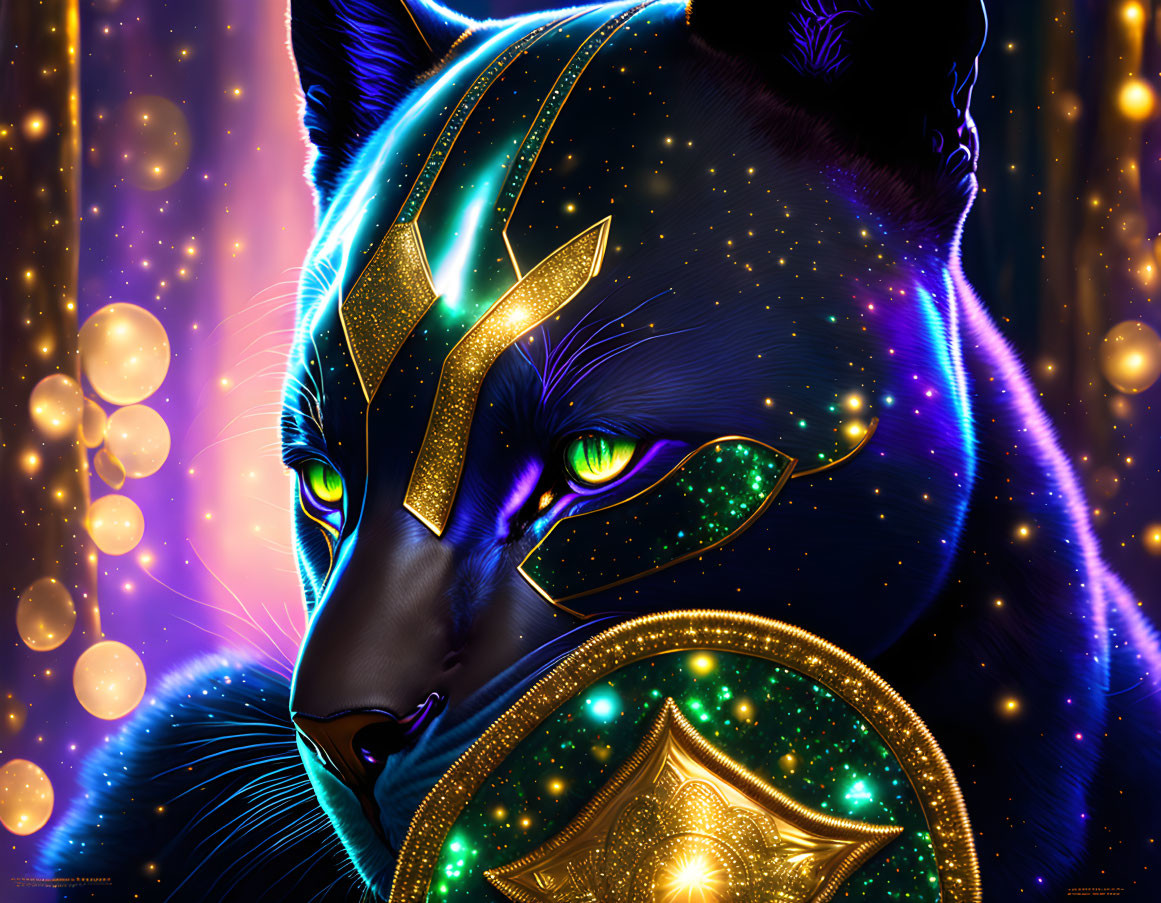 Cosmic-themed black panther with glowing green eyes and golden mystical symbols