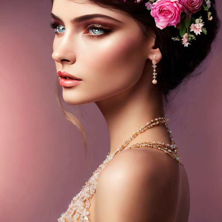 Woman with Pink Floral Hair Accessories in Embellished Dress on Pink Background