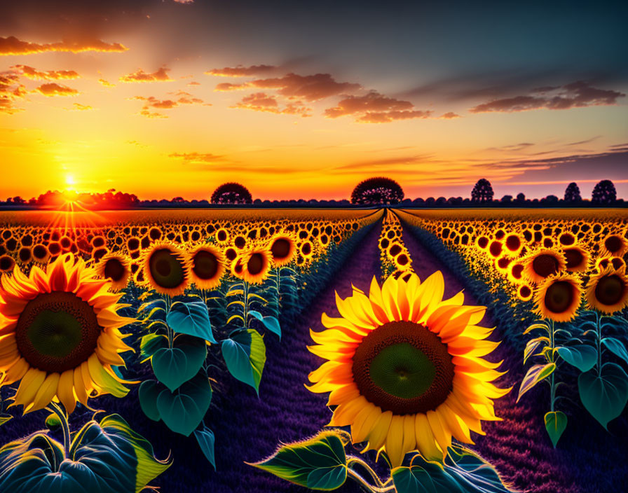 Sunflower Field Sunset Scene with Dramatic Sky