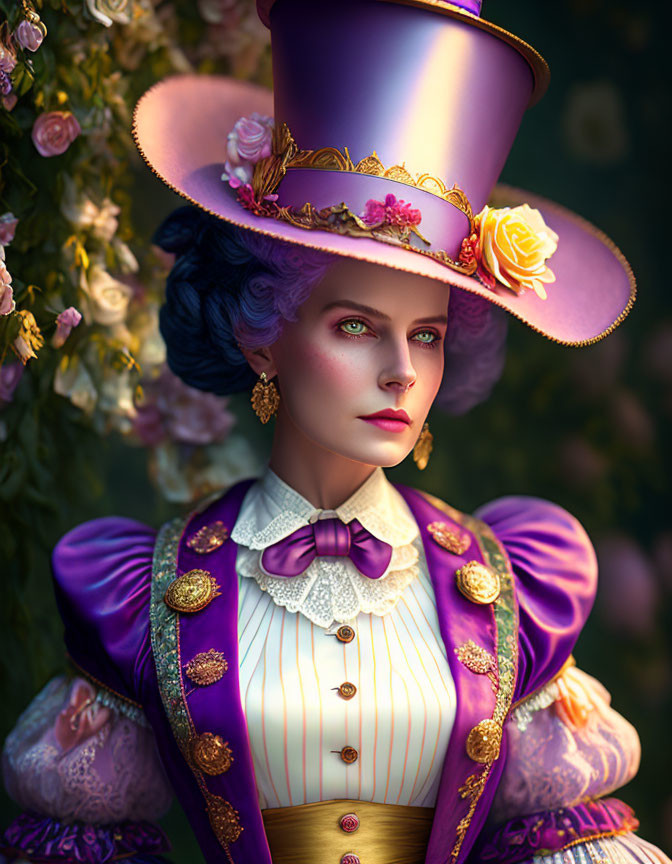 Woman with Green Eyes and Purple Hair in Victorian Outfit