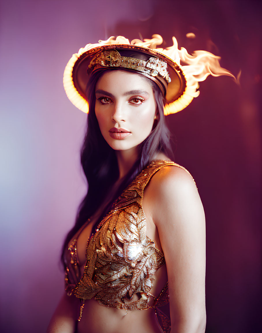 Woman in Golden Leaf Outfit with Flaming Crown on Purple Background