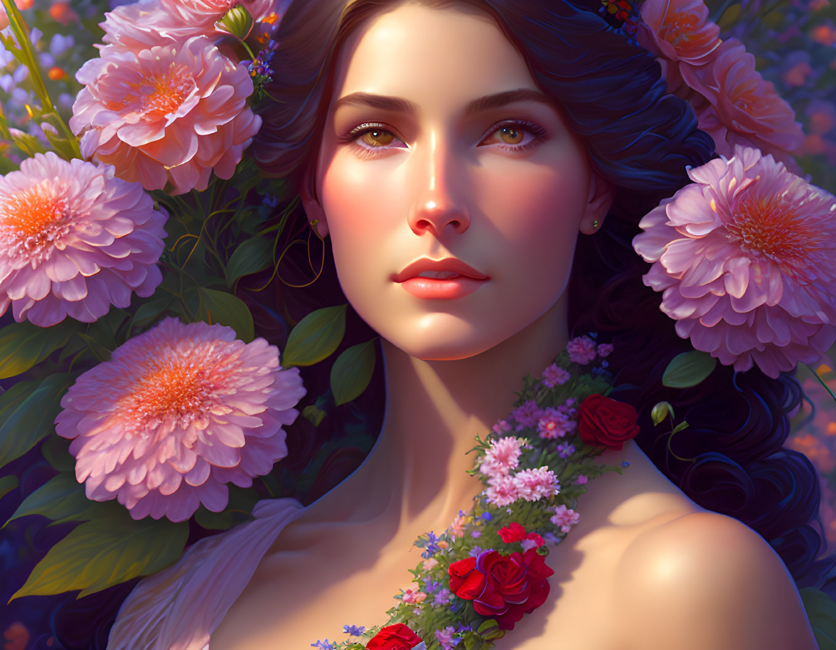 Detailed digital illustration: Woman with floral crown in vibrant pink and red blossoms, surrounded by flowers,