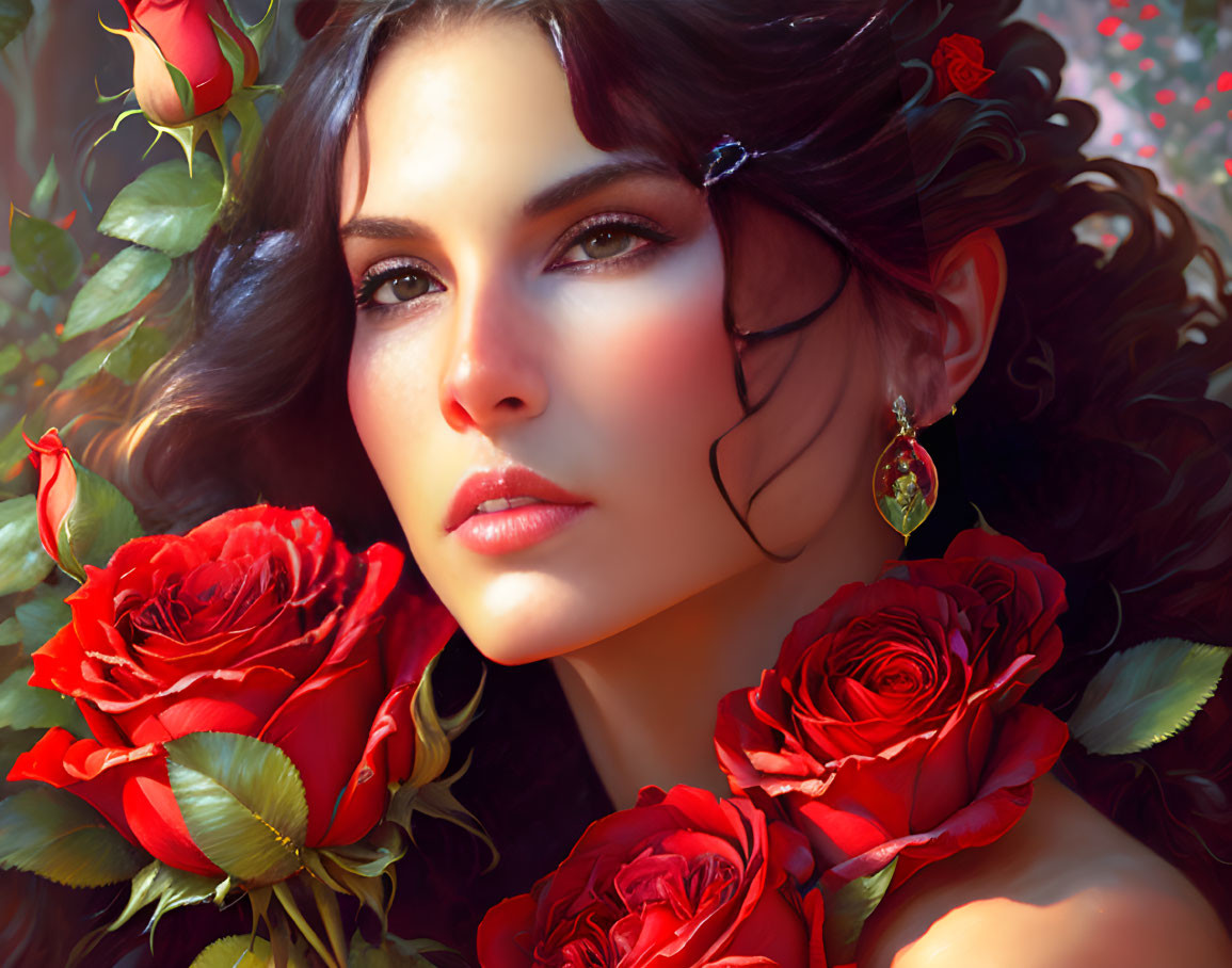 Digital Artwork: Woman with Dark Hair and Red Roses in Detailed Portrait