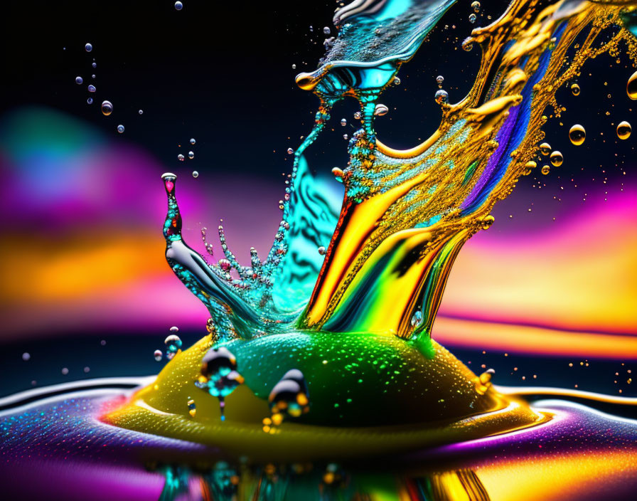 Colorful liquid splash swirls in blue, green, and orange hues on blurred sunset background